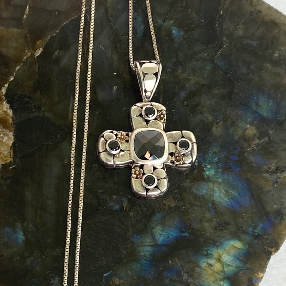 Sterling Silver 925 Black Tourmaline Glass Cross Pendant Necklace 18" Box Chain - Picture 2 of 16